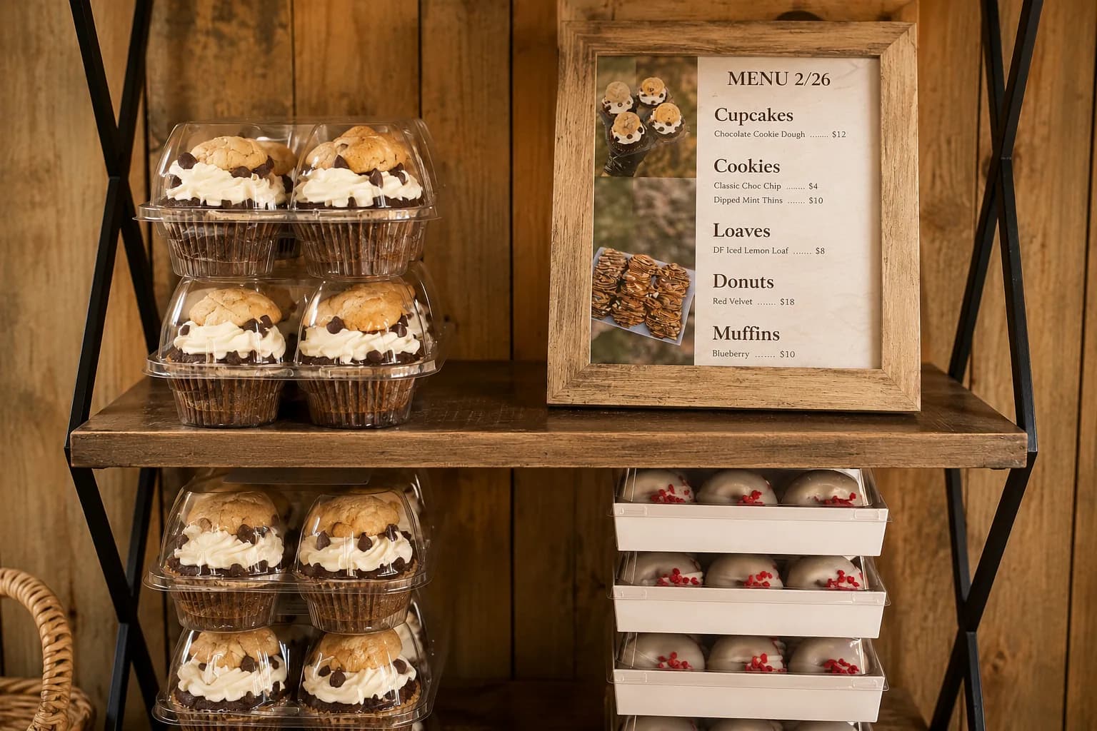 Gluten-free cupcakes on a wooden display with a handwritten BATG menu